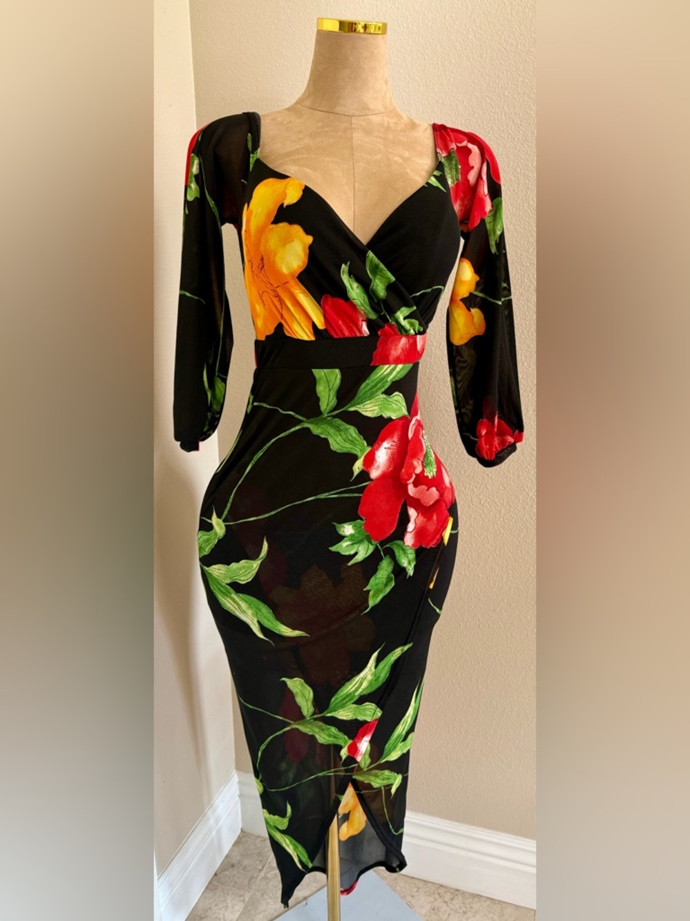 Fashion Nova Black Floral Wrap Midi Dress with Red & Yellow Blooms